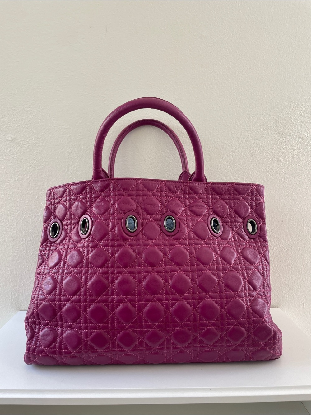 Fuchsia Quilted And Stitched Leather Tote With Black Chain